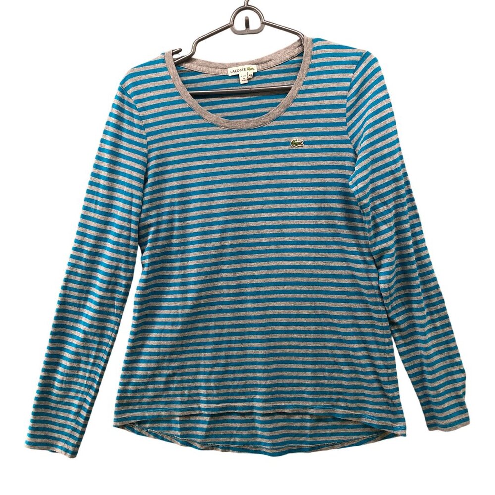 Lacoste Blue and Gray Striped Long Sleeve Tee